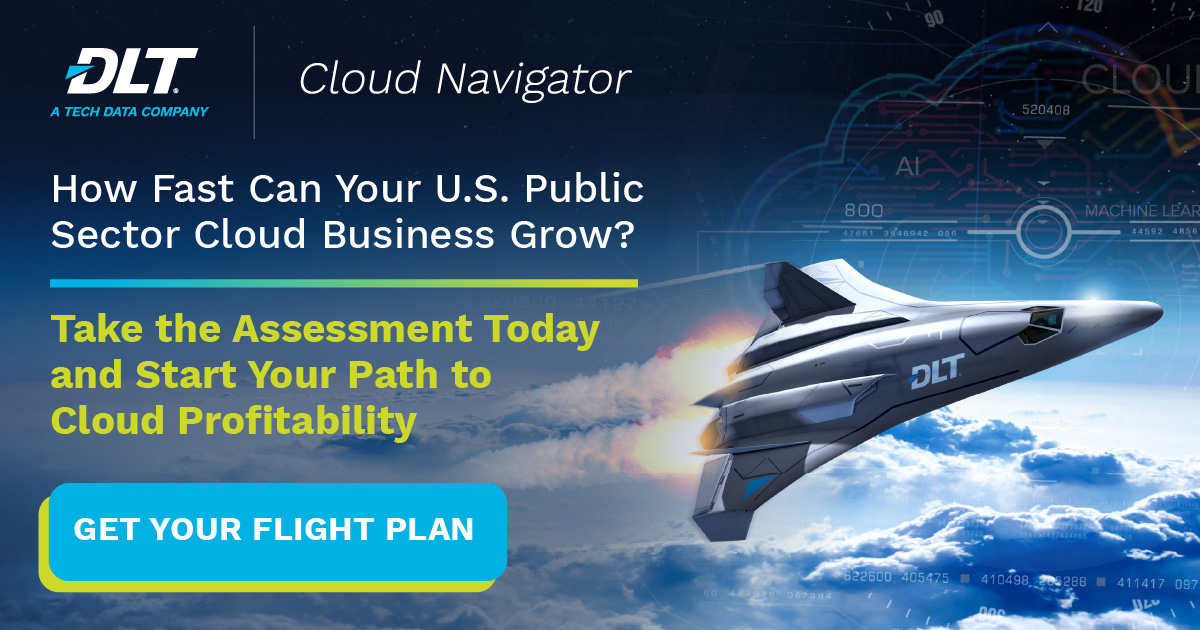 DLT branded plane soaring in the clouds. Text reads: How fast could your U.S. public sector cloud business grow?