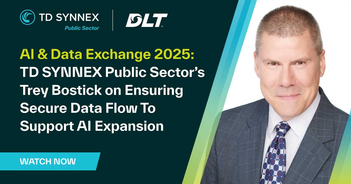 Text reads: : At AI & Data Exchange 2025, TD SYNNEX’s Trey Bostick spotlighted the importance of secure data flow to power AI in the public sector. 
