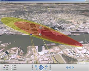 A red and yellow cloud plume overlaid on a Google Earth aerial map helps first responders assess and rehearse for disaster scenarios.