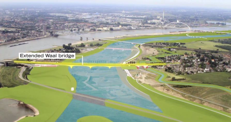New city bridges, weirs, and redirected dikes are just some of the complex infrastructure changes to prevent flooding in the city of Nijmegen. Image credit: iNFRANEA.