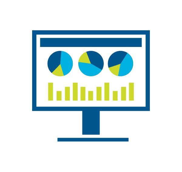 Graphic of a computer monitor displaying 3 pie charts and a line graph