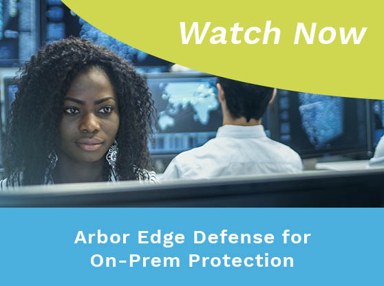 Woman and man working in control center. Text reads: Arbor Edge Defense for On-Prem Protection