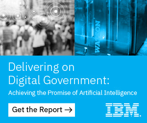 People walking in background with digital maps on them. Text reads: Delivering on Digital Government: Achieving the Promise of Artificial Intelligence