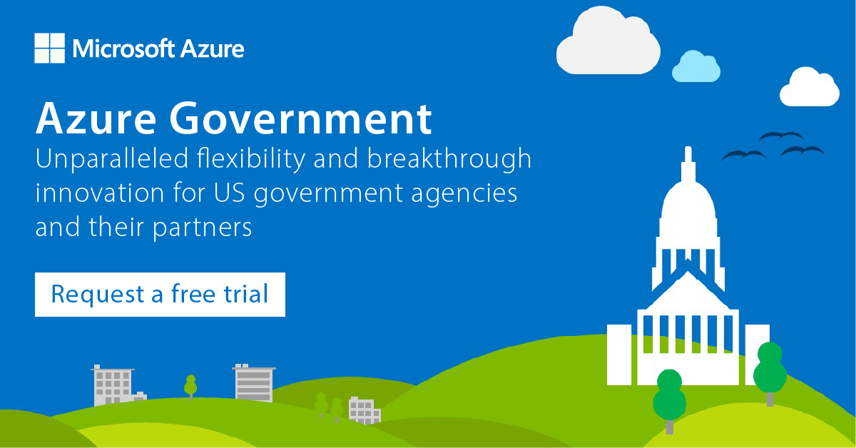 White text on blue background. Text reads: Microsoft Azure.Geta free trial