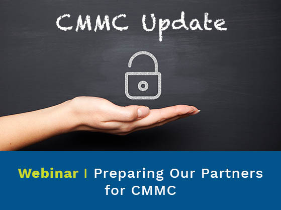 Padlock resting on an open palm. Text reads: CMMC Update. Upcoming Virtual event. Preparing our Partners for CMMC