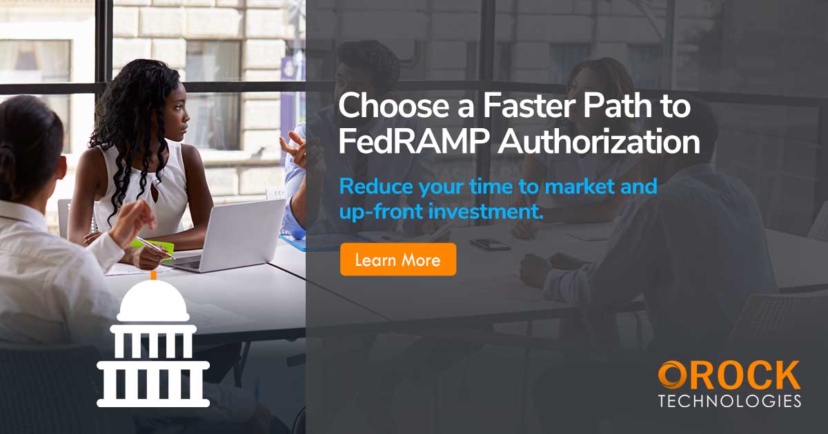 Colleagues sitting at a conference table. Text reads: Choose a faster path to FedRamp Authorization