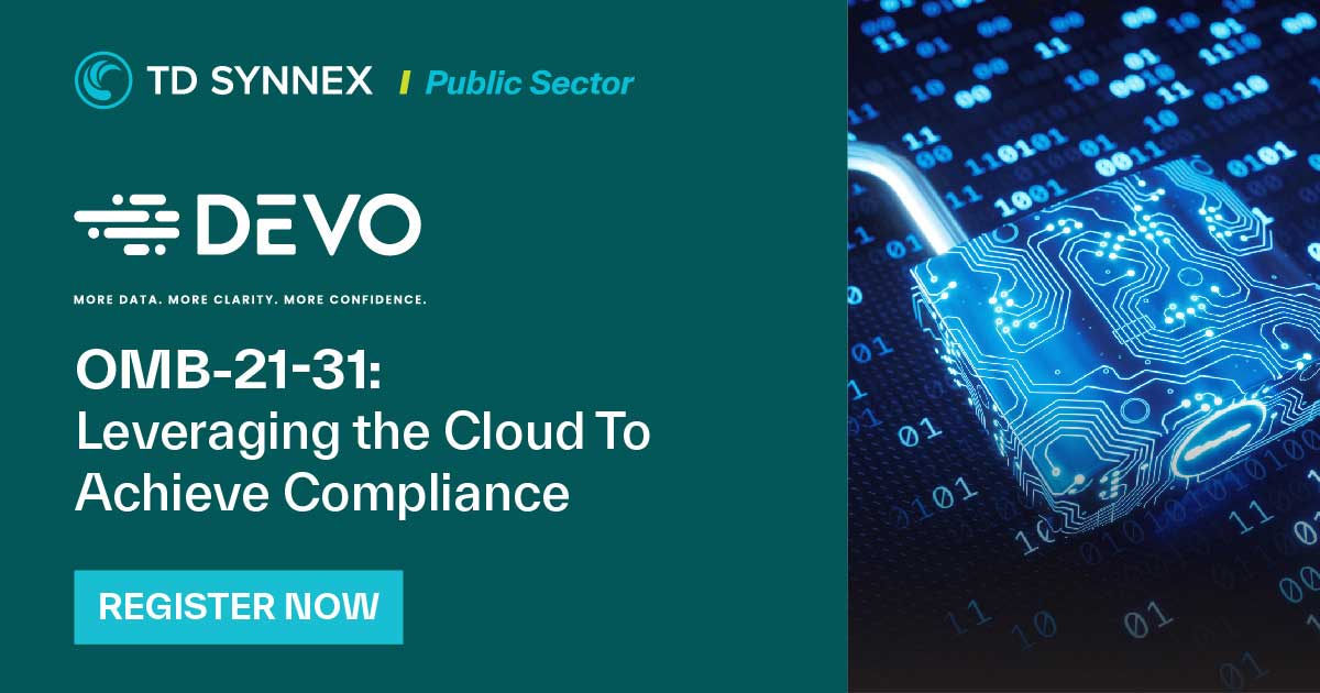 White text on a green background reads: OMB-21-31 Leveraging the Cloud To Achieve Compliance. CTA: Register for Event