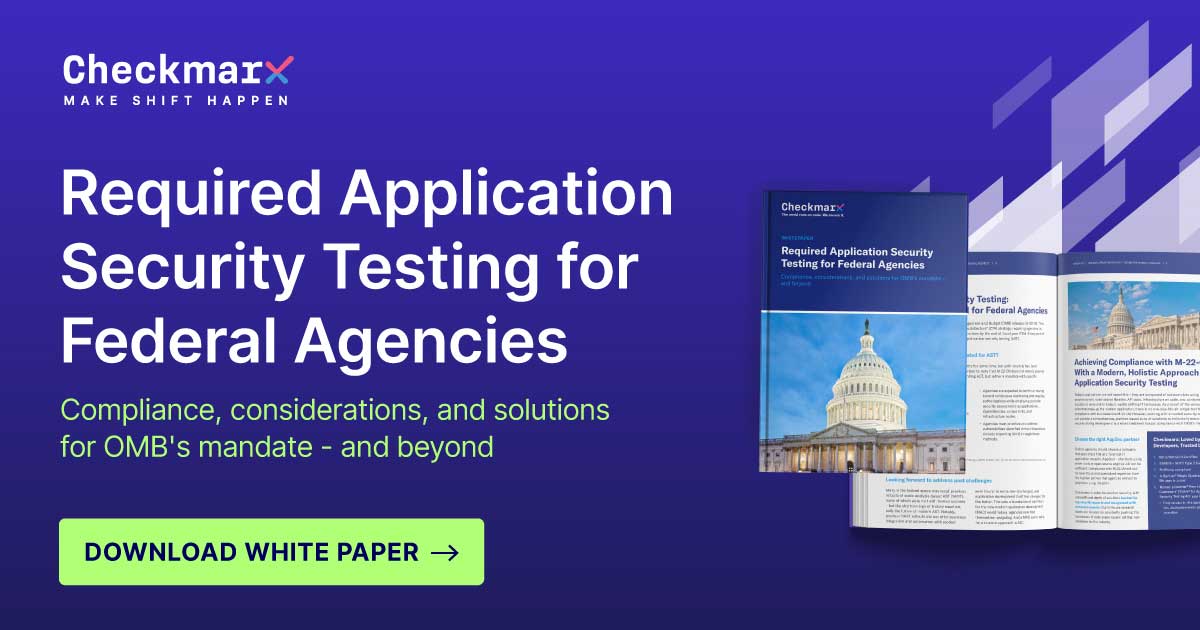 Text reads: Required Application Security Testing for Federal Agencies Compliance, considerations, and solutions for OMB's mandate - and beyond. CTA: Download White Paper 