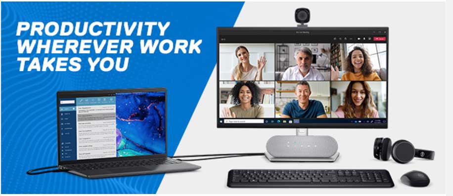 Dell laptop and peripherals with a screenshot of a zoom meeting