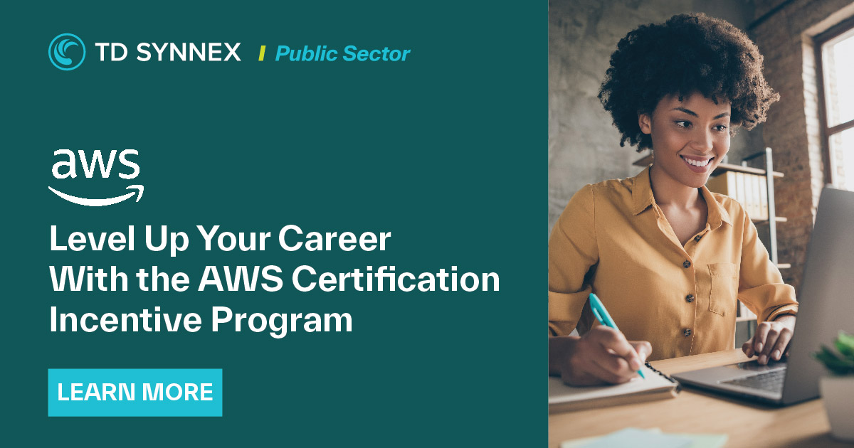 Woman smiling taking a course on her laptop. Text reads: Level up your career with AWS certification incentive program