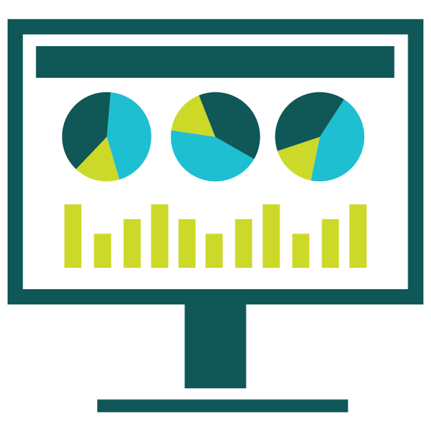 Graphic of a computer monitor displaying 3 pie charts and a line graph