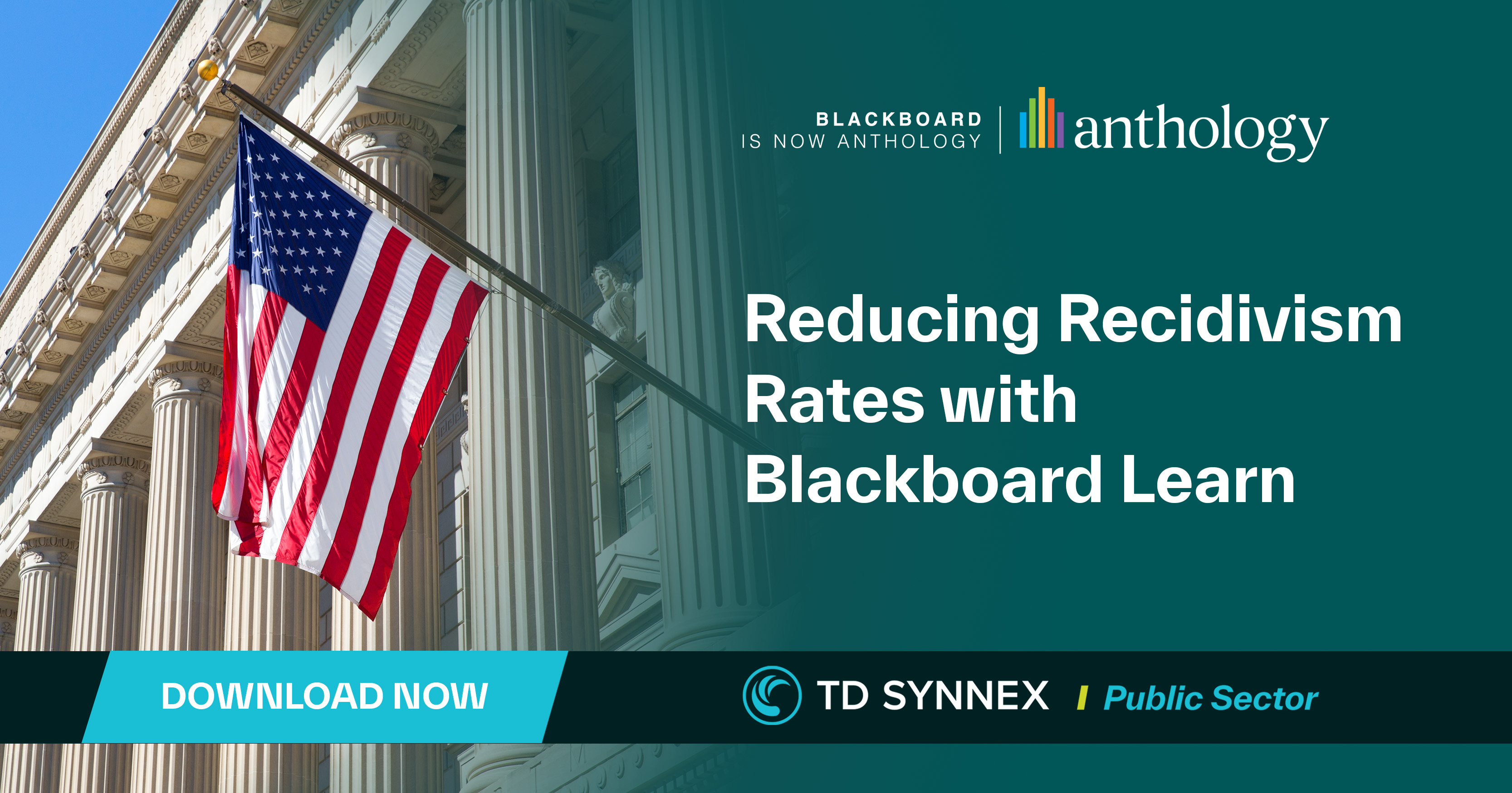U.S. flag on a columned building. Text reads: Reducing Recidivism With Blackboard Learn. CTA: Download Now