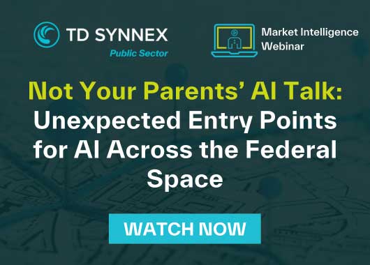 Text reads: Not Your Parents’ AI Talk: Unexpected Entry Points for Artificial Intelligence Across the Federal Space. CTA: Watch Now