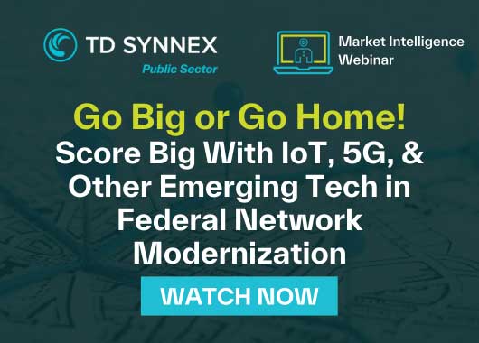 Text reads: Uncover Trends in Federal Network Modernization: Exploring IoT, 5G, and Other Emerging Tech. CTA: Watch Now