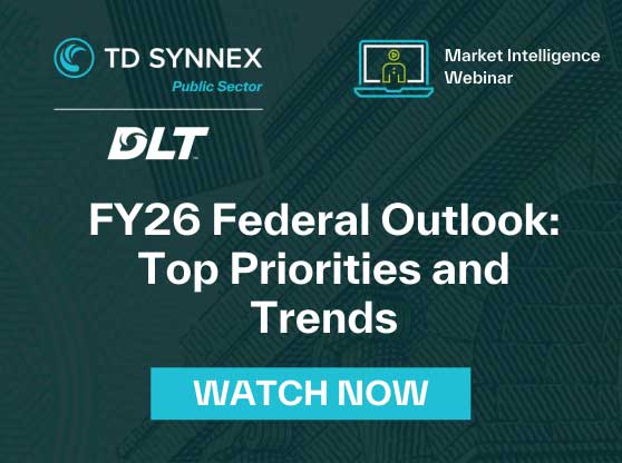 Text reads: Text reads: FY26 Federal Outlook: Top Priorities and Trends. CTA: Watch Now