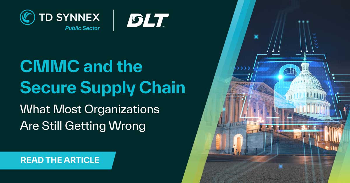 A digital overlay on the United States Capitol with digital padlock in the background. Text reads: CMMC and the Secure Supply Chain. 