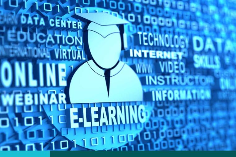 Avatar of a student in cap and gown with the text "E-Learning" in bold