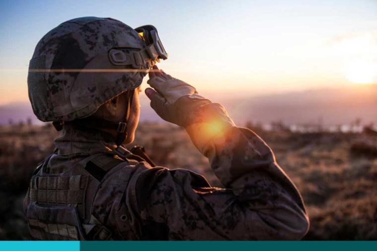 Female Army Solider Saluting against sunset sky.
