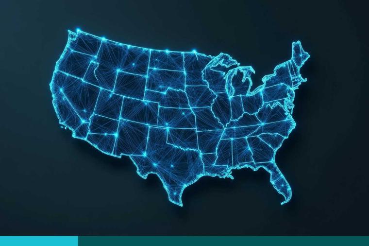 Abstract mash line and point scales on dark background with map of United States of America.3D mesh polygonal network line, design sphere, dot and structure.