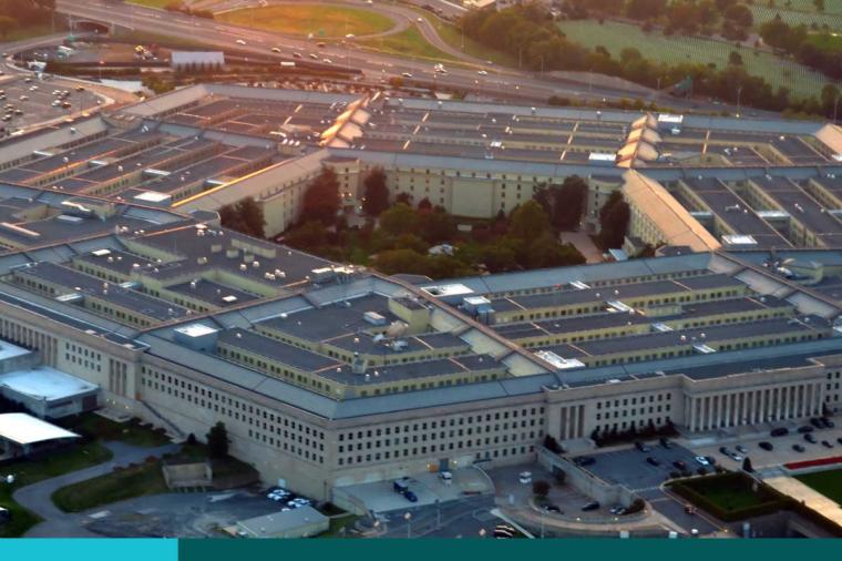 US pentagon building aerial view at sunset