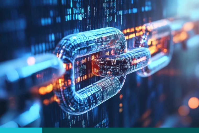 horizontal chain made of zeros and ones. Cryptocurrency and mining. A bitcoin metaphor.A close up. 3d rendering mock up double exposure, blurred background.