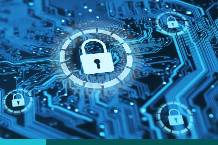 Cybersecurity and protection of private information and data concept. Locks on blue integrated circuit. Firewall from hacker attack.