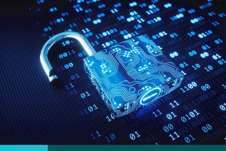 Low angle view on a blue padlock made to resemble a circuit board and placed on binary computer code