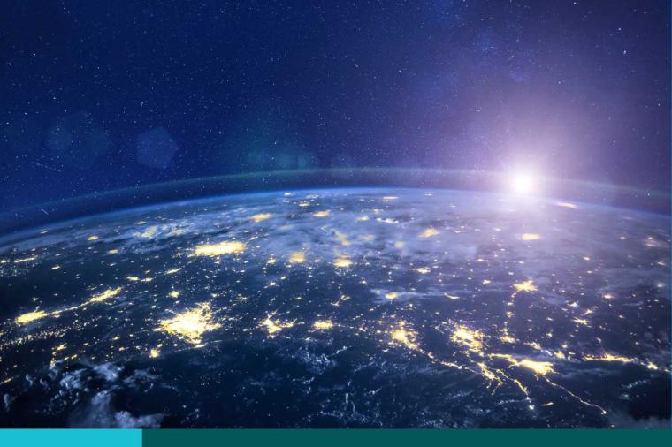 Night view of planet Earth from space, beautiful high tech background with sun and stars, closeup, original image furnished by NASA