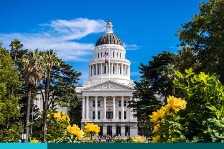 California State Capitol building, Sacramento, California; sunny day; beautiful yellow roses in the foreground