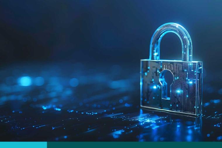 Network security and data safety concept. Closed lock 3d icon on the glossy futuristic surface with abstract glowing dots and lines