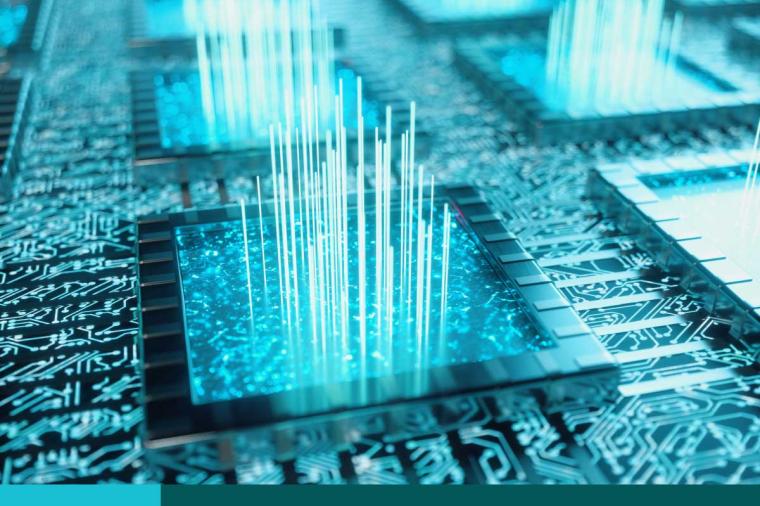 AI - artificial intelligence concept. Machine learning. Central Computer Processors on the circuit board with luminous tracks. Encoded data. Computer chip over circuit background. 3D illustration