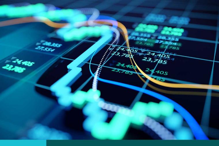 close up shot of a digital stock market tracking graph following a recent crash in prices. Bear market