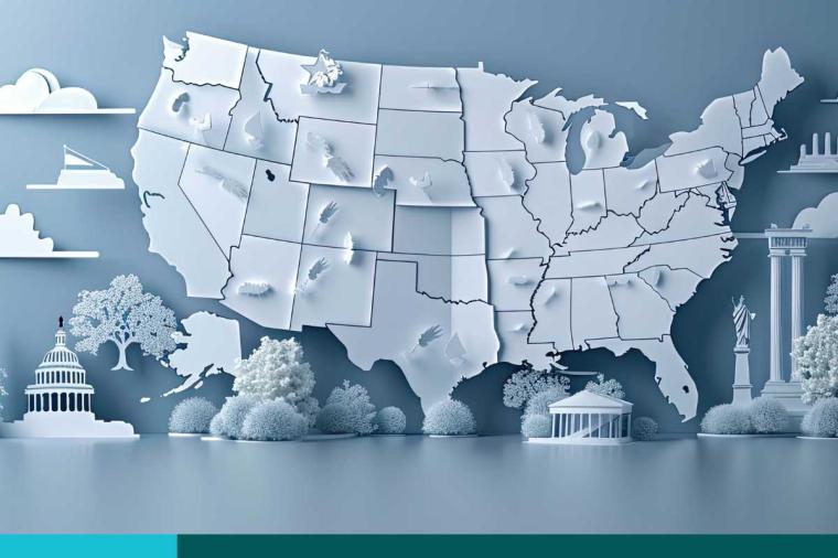3D Render of a Country Map of the USA showing the States separately, Graph height dependent from the population numbers.