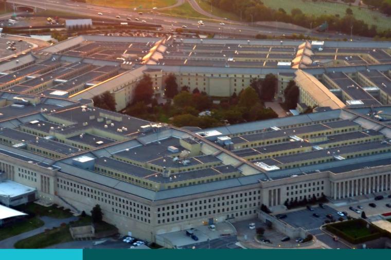 U.S. pentagon building aerial view at sunset