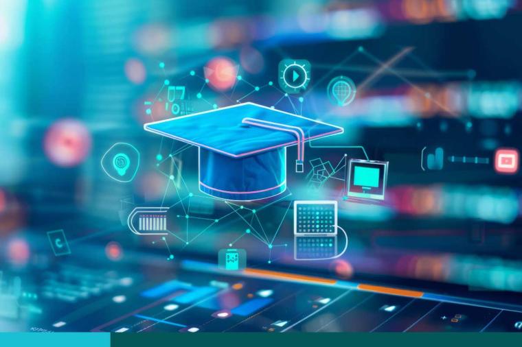 E-learning icon on a digital display with reflection. Concept of internet lessons, webinar, online lessons, education at home, lessons, video tutorial and learn on internet.