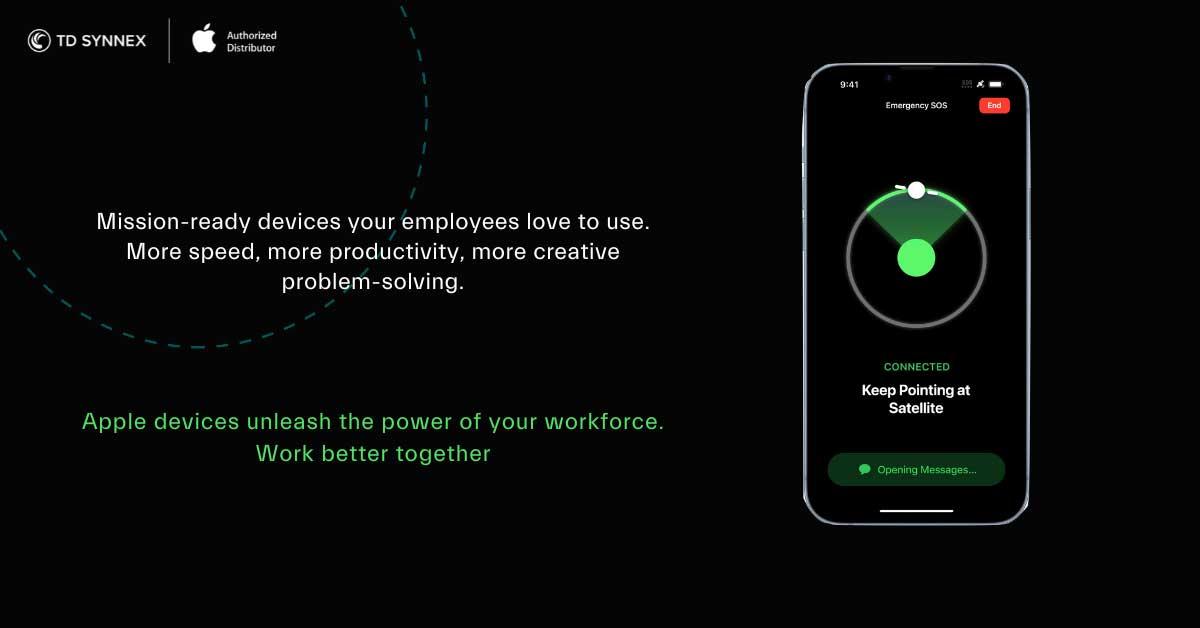 An iPhone connected to a satellite. Text reads: Apple devices unleash the power of your workforce