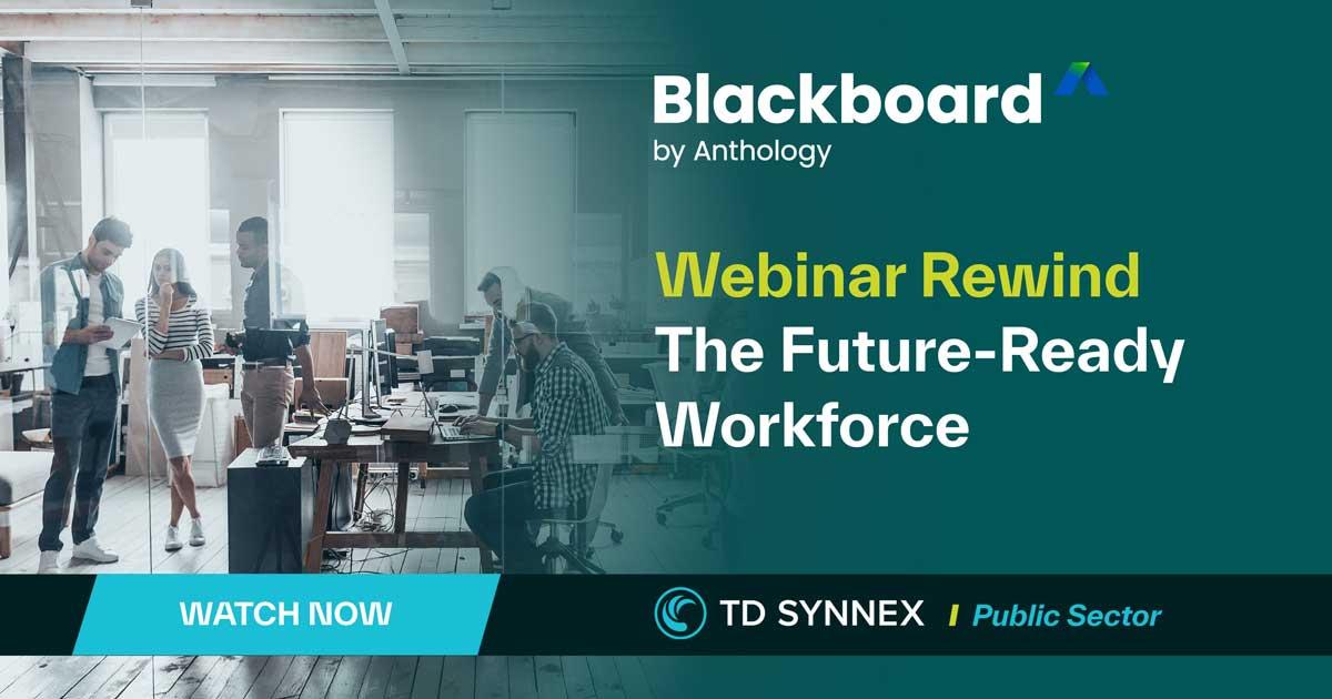 People working in an open-space office. Text reads: The Future-Ready Workforce. CTA Watch Now