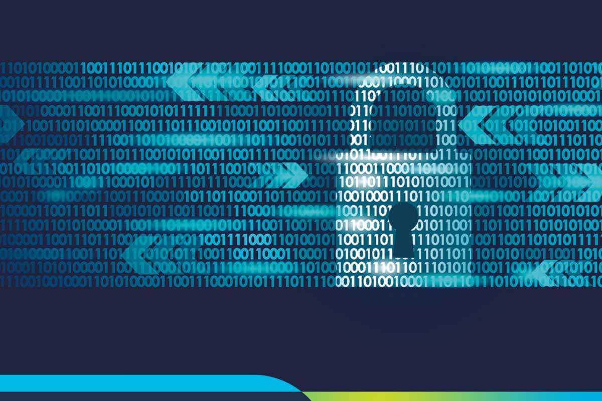 Abstract locked padlock superimposed over binary numbers