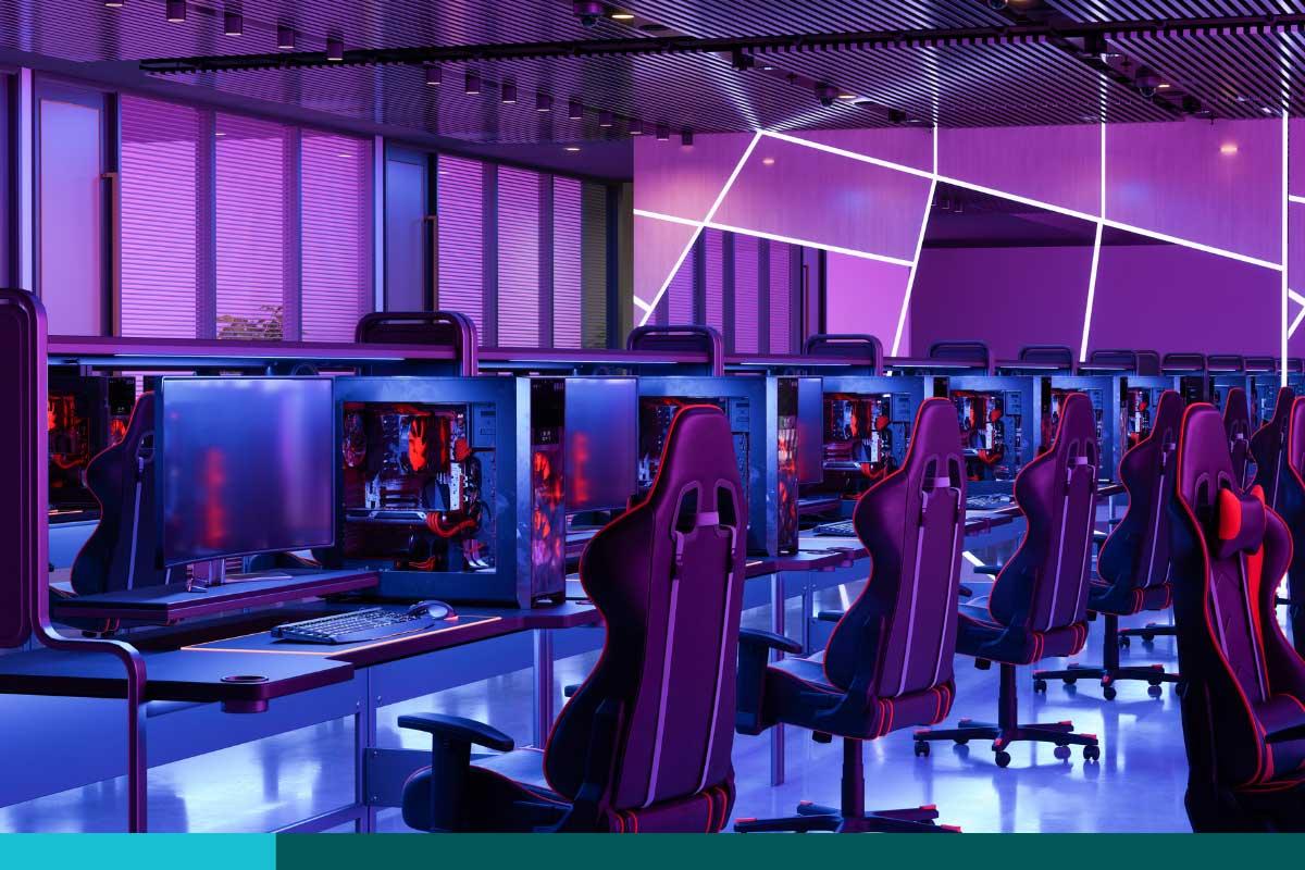 Room full of gaming chairs and computers