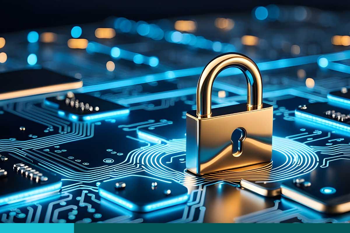 3-D rendering of a locked padlock on a circuit board