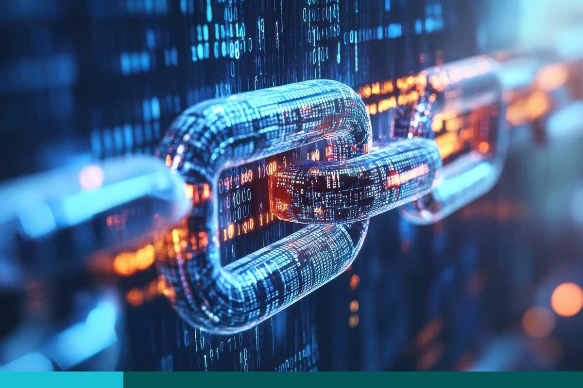 horizontal chain made of zeros and ones. Cryptocurrency and mining. A bitcoin metaphor.A close up. 3d rendering mock up double exposure, blurred background.