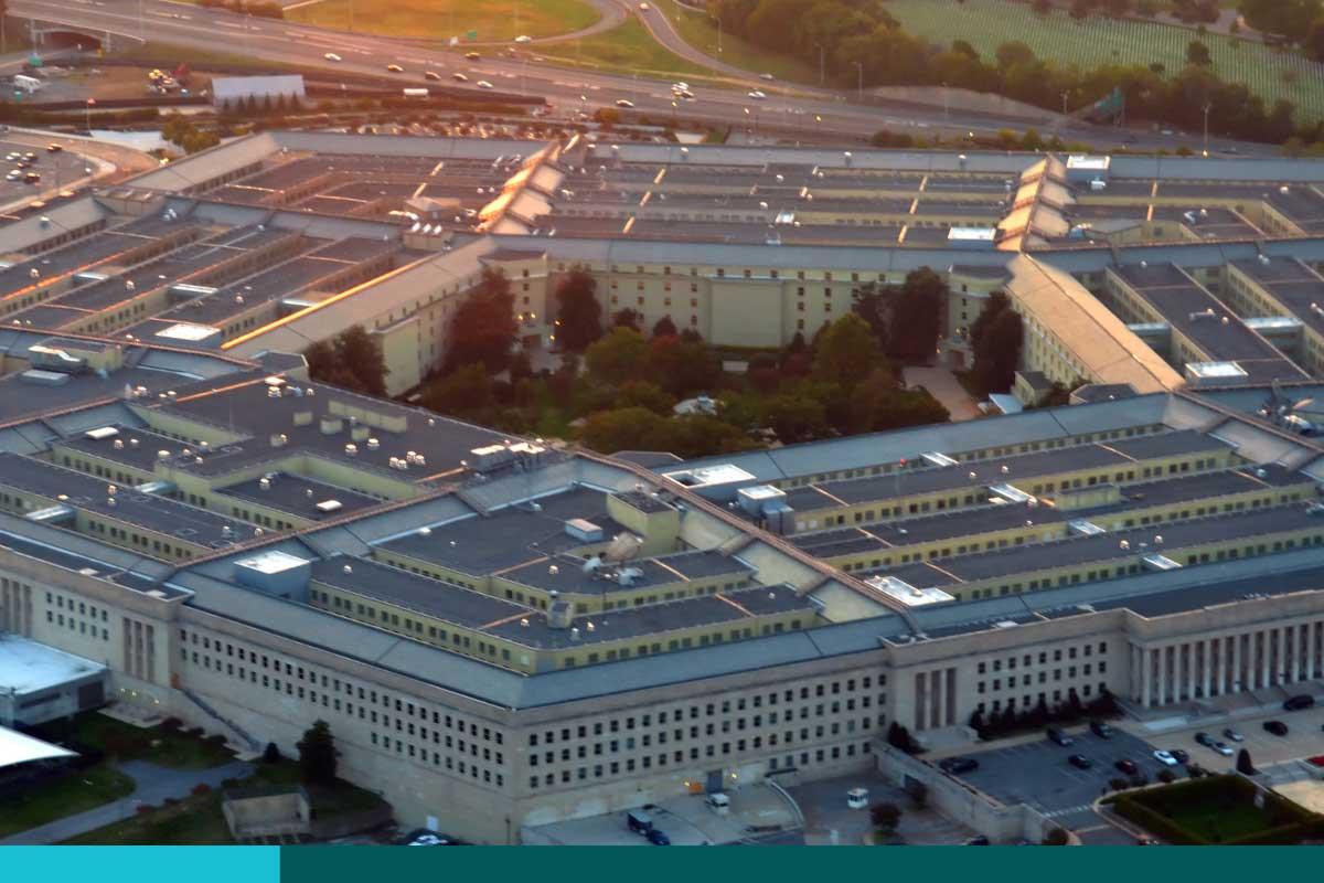 U.S. Pentagon building aerial view at sunset