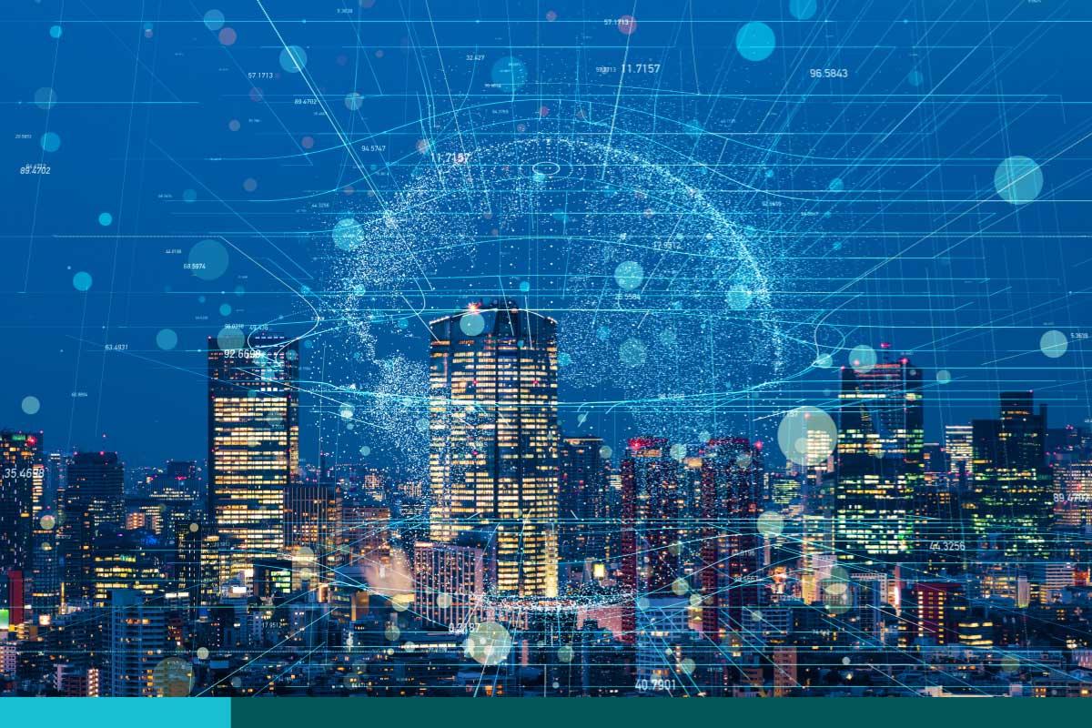 Modern cityscape and communication network concept.