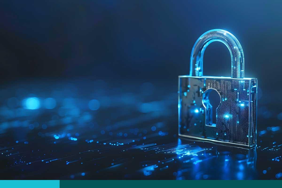 Network security and data safety concept. Closed lock 3d icon on the glossy futuristic surface with abstract glowing dots and lines