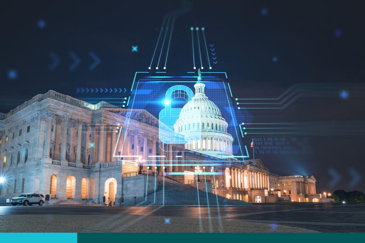 A digital overlay on the United States Capitol with digital padlock in the background