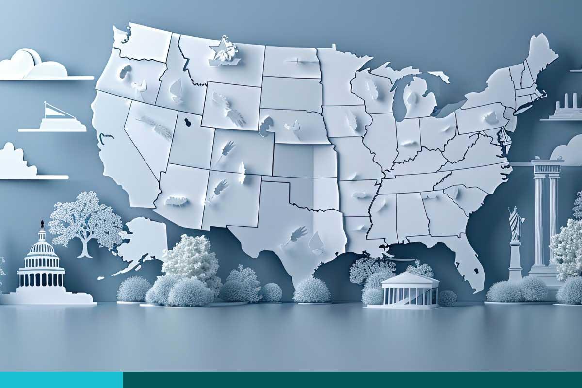 3D Render of a Country Map of the USA showing the States separately, Graph height dependent from the population numbers.