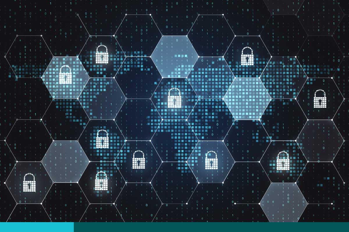 Global internet security concept with digital screen with lock icons in cells and pixel world map. 3D Renderin